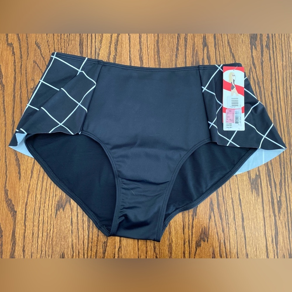 Spanx Flirty Skirted Swim Bikini Bottom Mid Rise Black Geo Womens 10 NWT $78